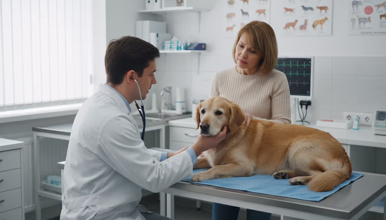 Veterinarian in a white coat examining a senior dog on an examination table while the owner listens attentively in a veterinary clinic