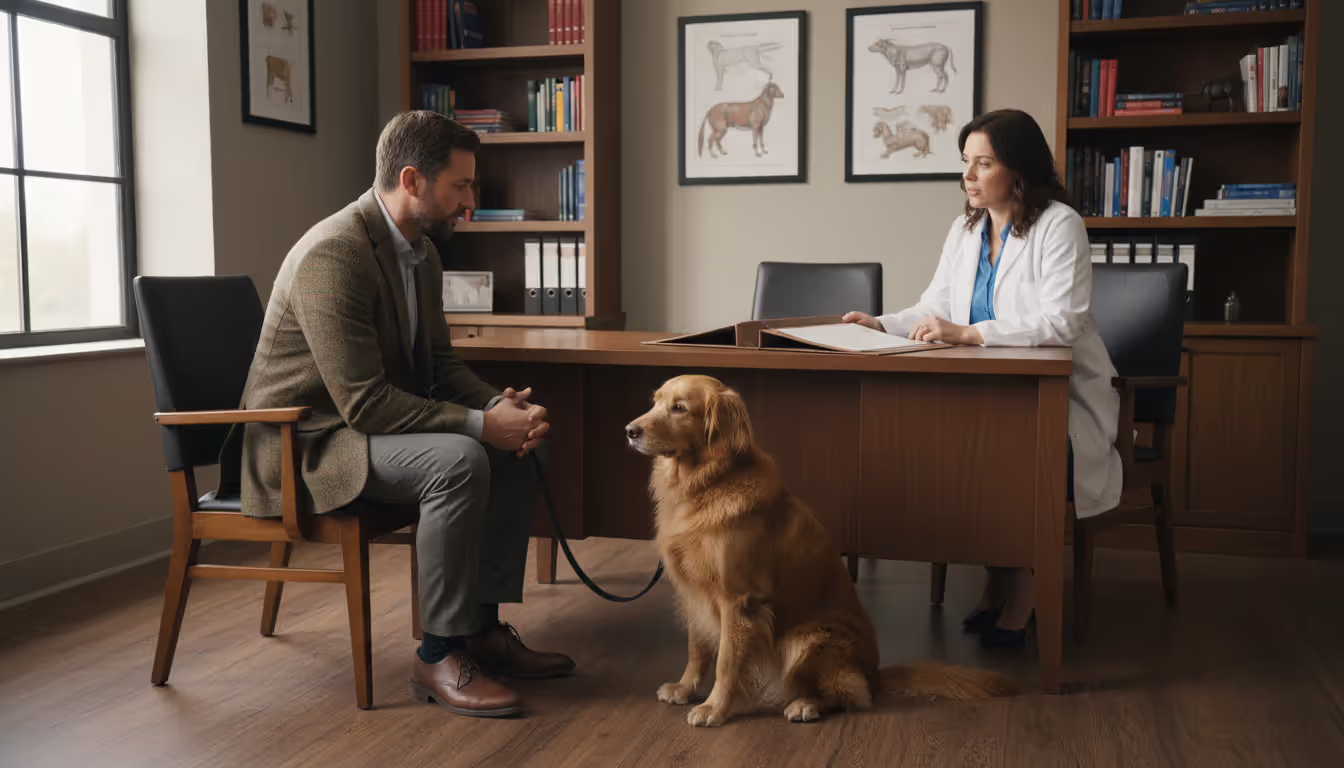 Dog owner sitting across from a veterinarian in a clinic office with documents on the desk and a large dog on a leash nearby