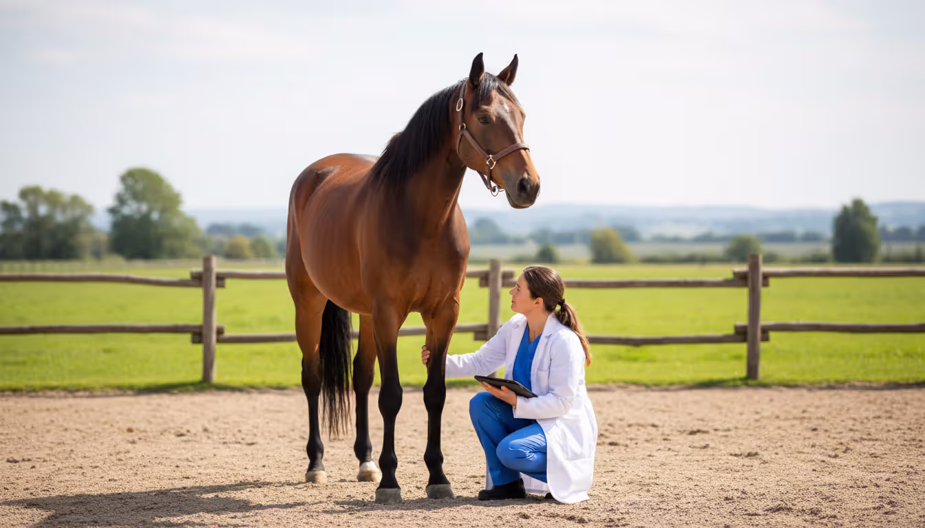 Veterinarian examining a horse's front legs in a spacious paddock with green pasture and a wooden fence in the background