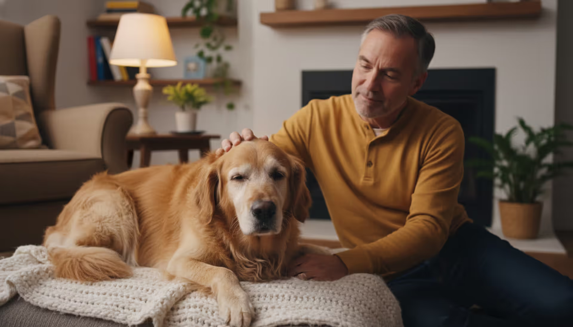 Elderly golden retriever lying on a soft blanket at home while the owner gently pets its head in warm lighting