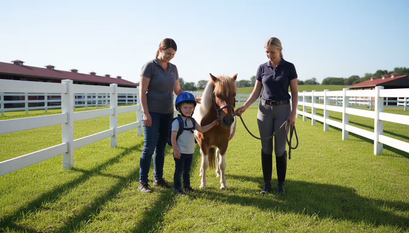A child wearing a riding helmet standing next to a pony in a fenced paddock with a parent and riding instructor nearby on a sunny day