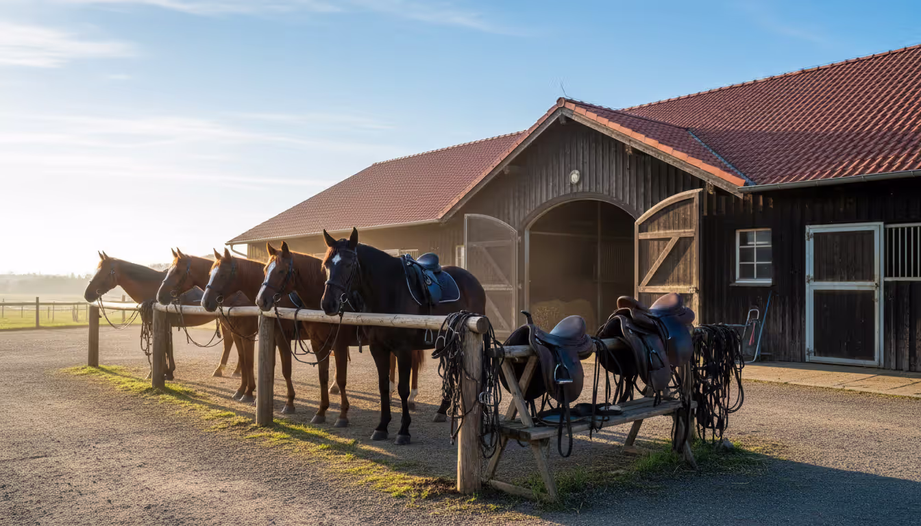 Several saddled horses tied to a hitching post outside a professional riding stable with tack and equipment neatly organized nearby