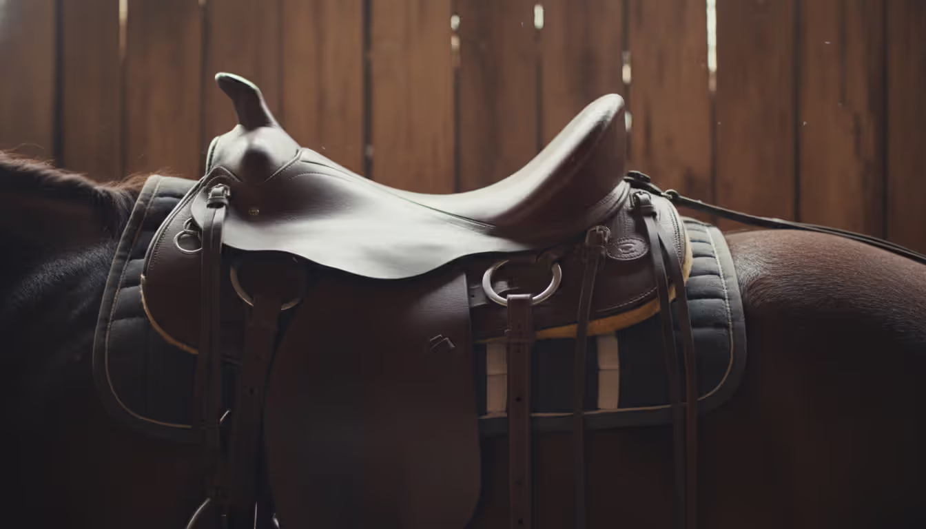 A close-up of a well-maintained leather horse saddle showing the girth straps and stirrups with a wooden stable wall in the background