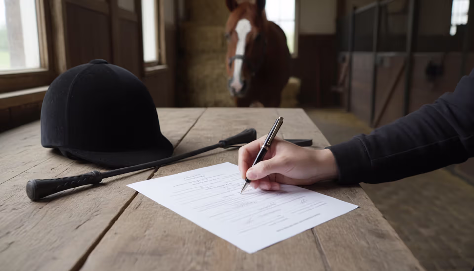 A person signing a legal document at a wooden table with an equestrian helmet and riding crop nearby, a horse looking out from a stable stall in the blurred background