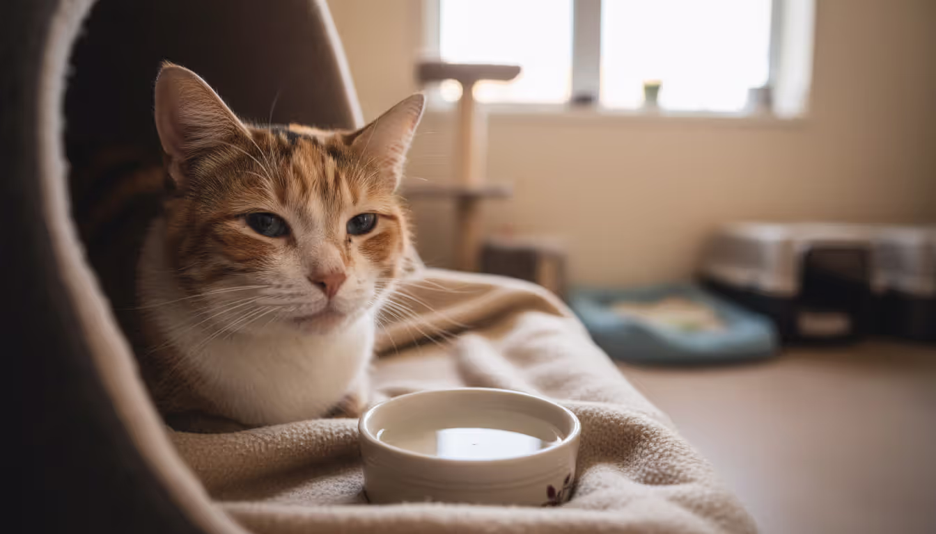 Senior calico cat resting on a warm fleece blanket inside a cozy shelter enclosure with a water bowl nearby