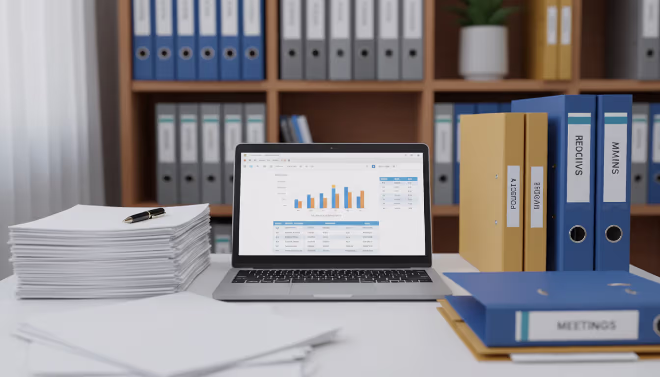 Office desk with organized paperwork folders and an open laptop in a small nonprofit organization workspace