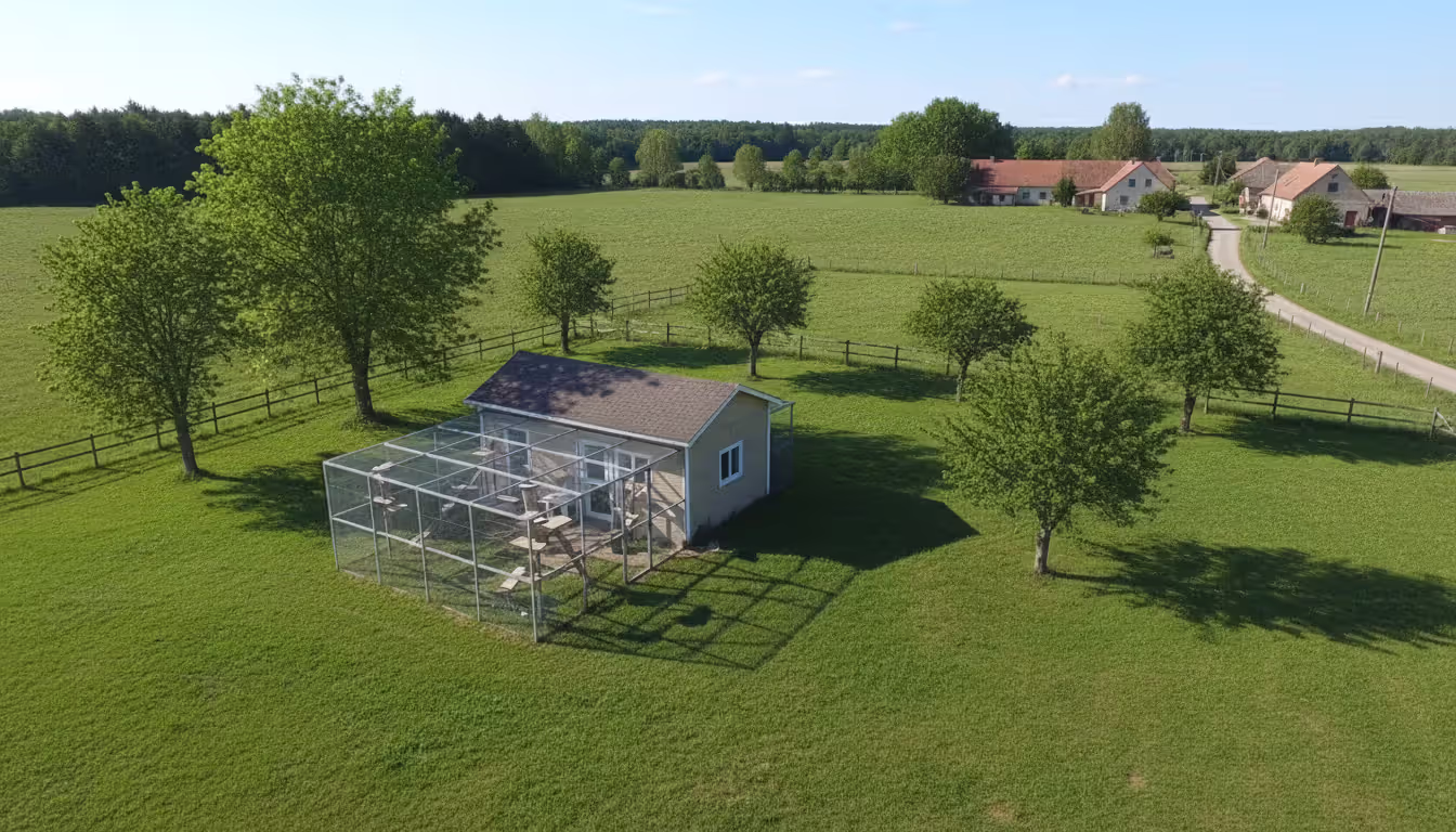 Aerial view of a small rural cat sanctuary building with an outdoor catio enclosure surrounded by green grass and trees
