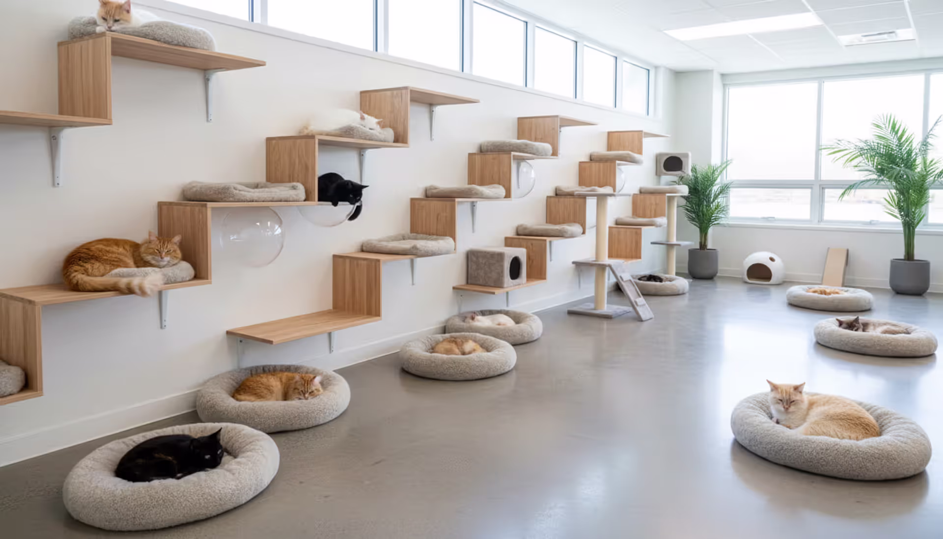 Spacious and clean cat sanctuary interior with multiple cats resting on soft beds and wall-mounted platforms in a bright sunlit room