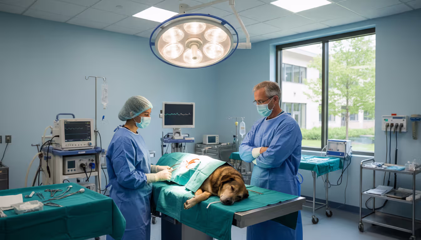 Veterinary teaching hospital operating room with two student veterinarians and a supervising professor performing surgery on a sedated medium-sized dog