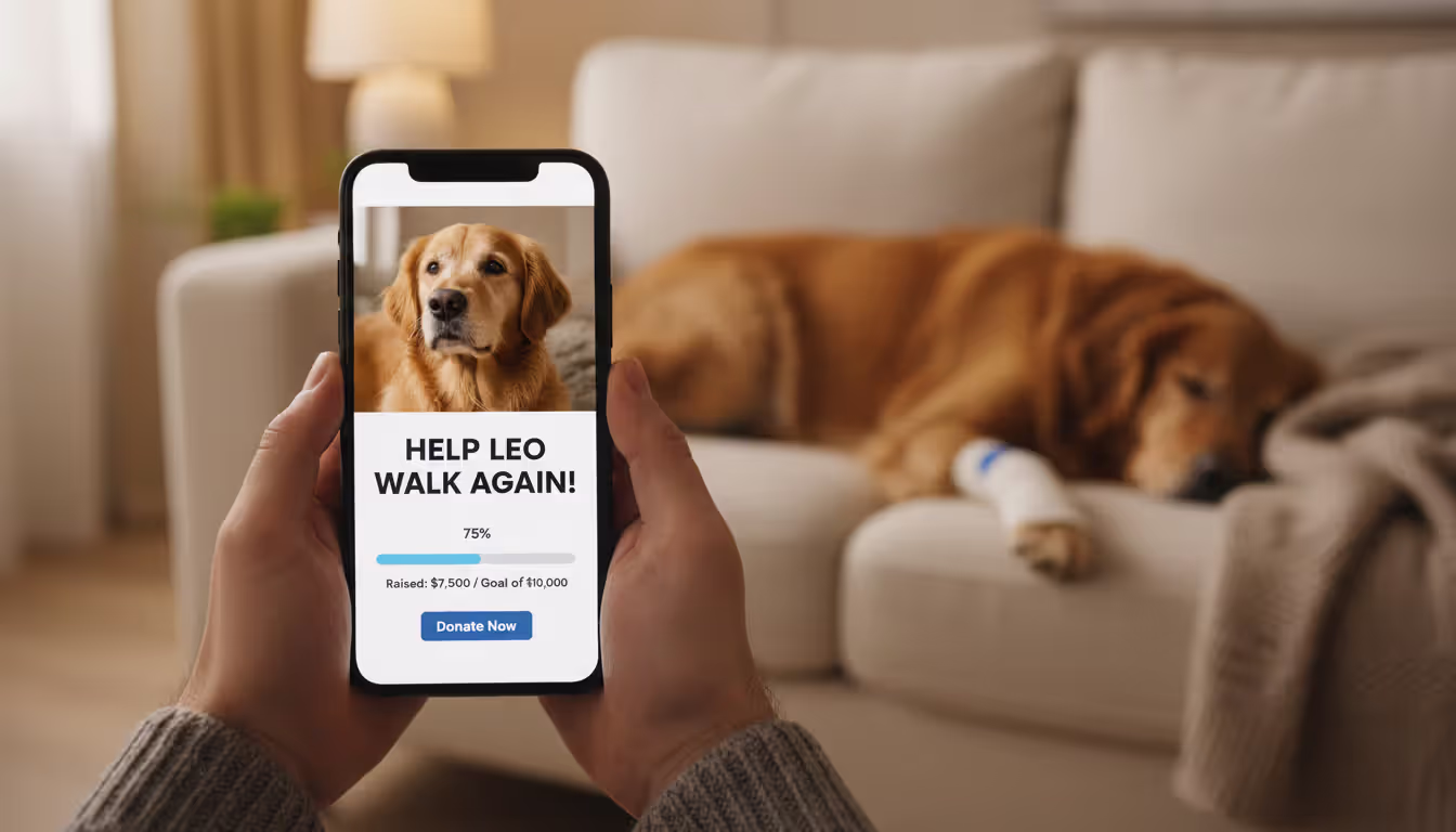 Person holding a smartphone showing a pet crowdfunding campaign page with a dog photo and donation progress bar, with a bandaged dog resting on a couch in the blurred background