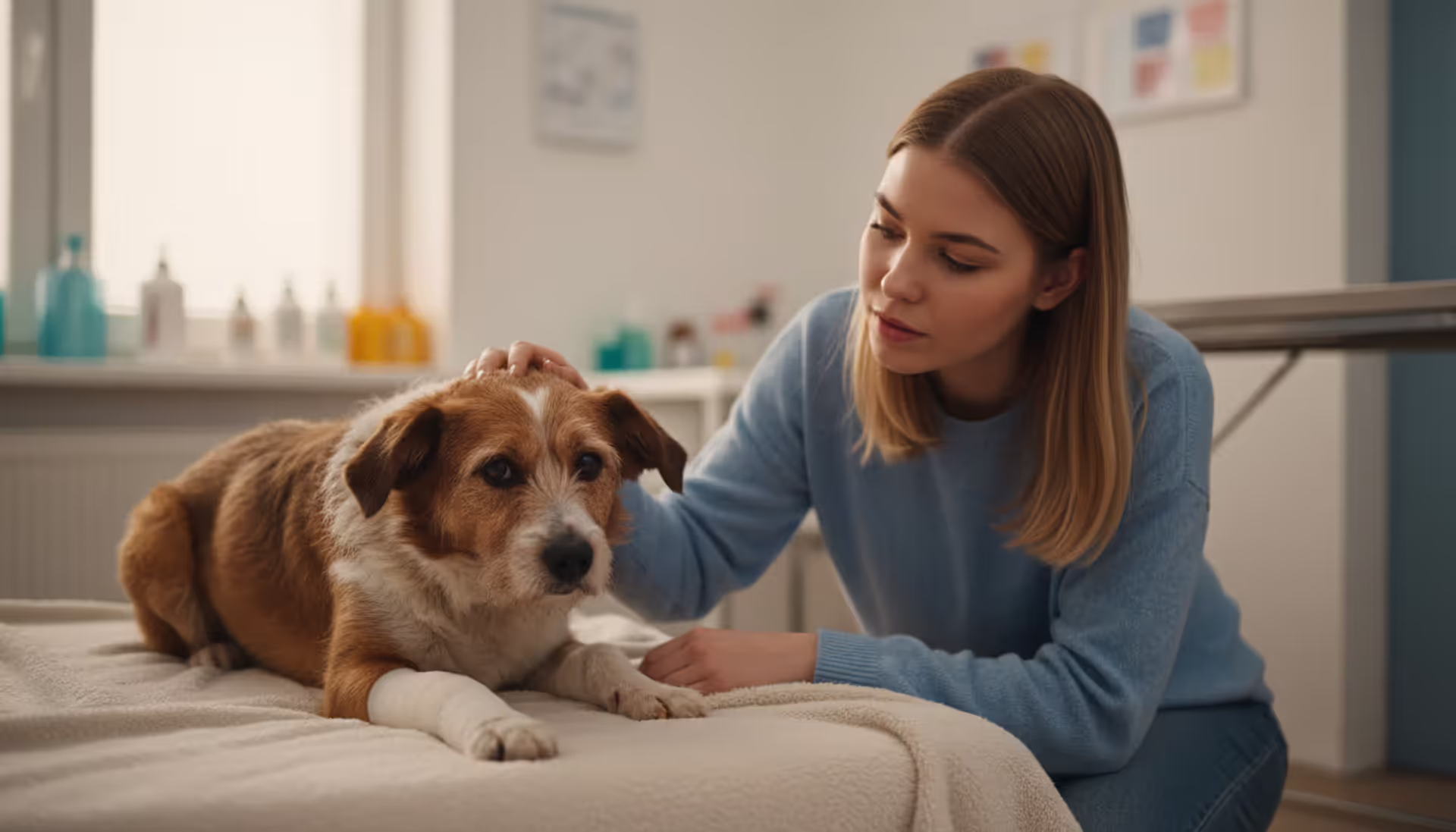 Sad mixed-breed dog lying on a soft bed in a veterinary clinic with a splint and white bandage on its front leg while a young woman gently pets its head
