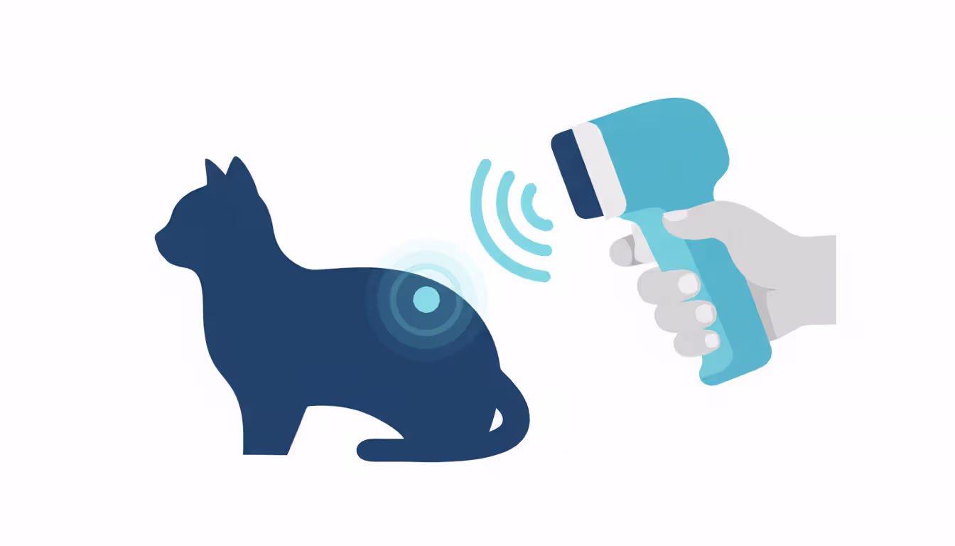 Flat illustration showing a cat silhouette with a microchip between the shoulder blades being read by a handheld scanner