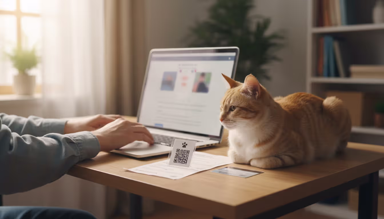 Person registering a cat microchip online on a laptop while a tabby cat rests on the desk