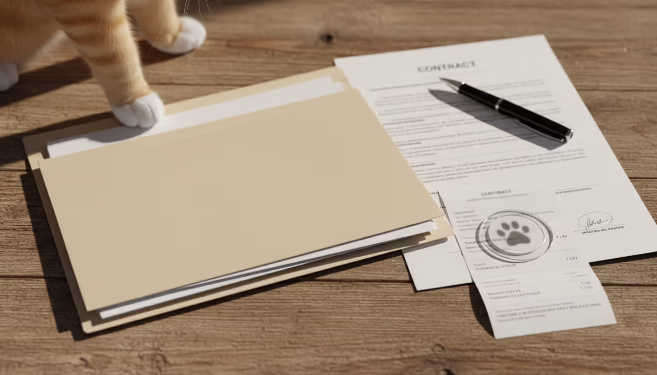 Flat lay of pet ownership documents, a veterinary receipt and an ID tag with a cat paw in the corner