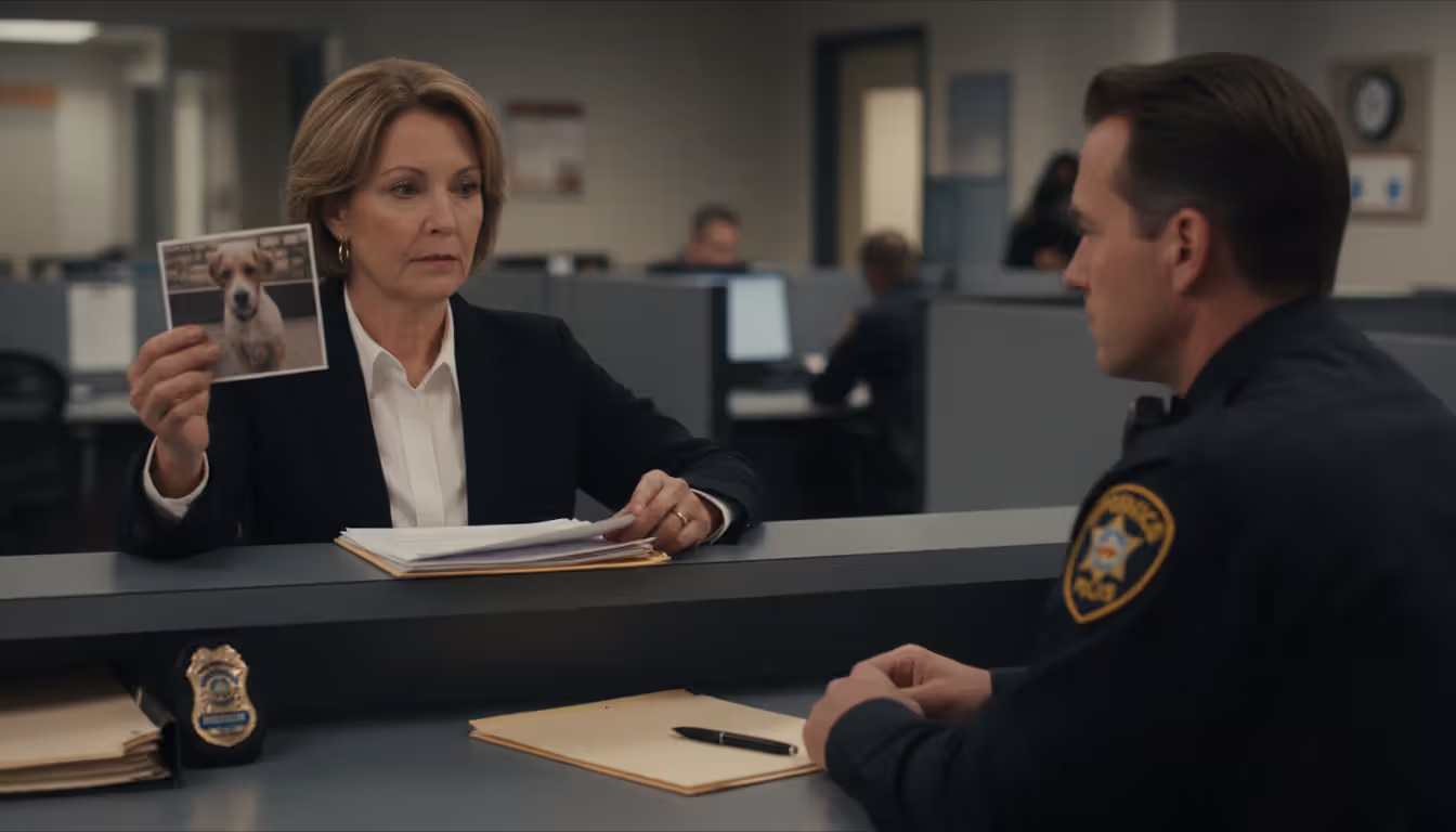 Woman filing stolen dog report with police officer at station desk