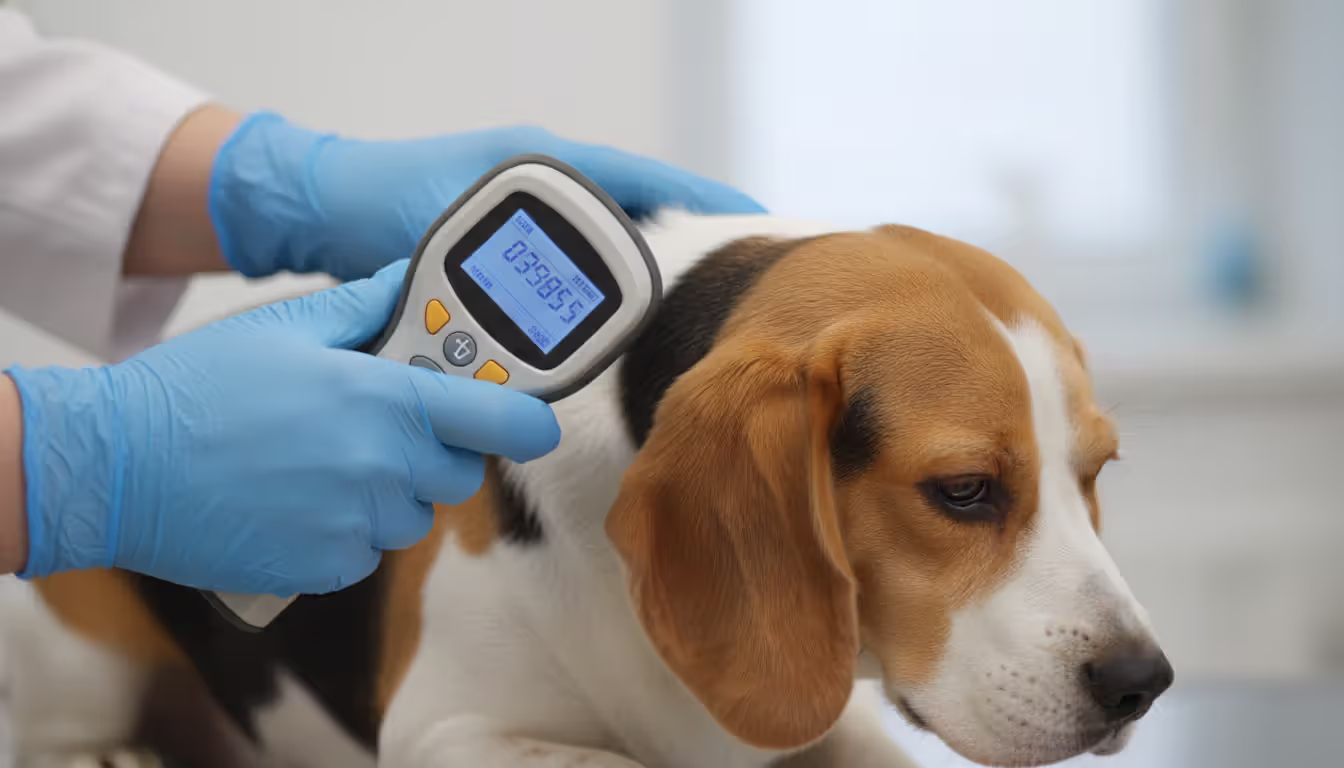 Veterinarian scanning microchip on beagle dog with handheld scanner