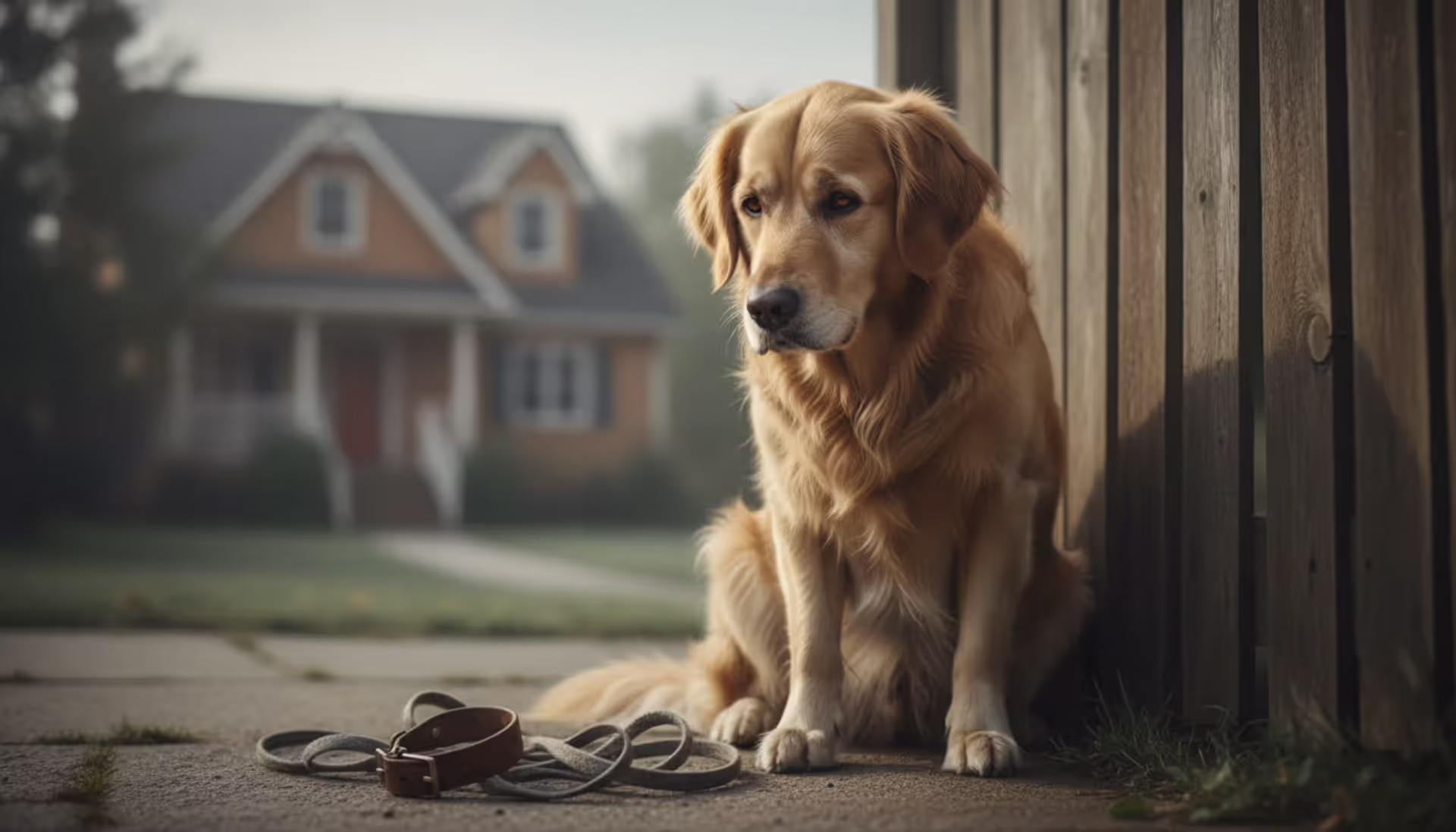 Sad golden retriever sitting by wooden fence with empty collar lying on ground