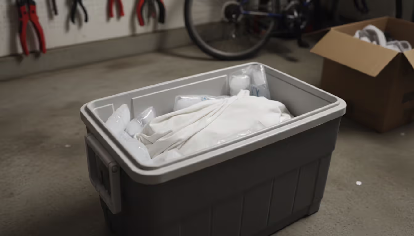 A wrapped pet body placed in a large plastic cooler with ice packs in a cool garage setting, respectful and restrained presentation