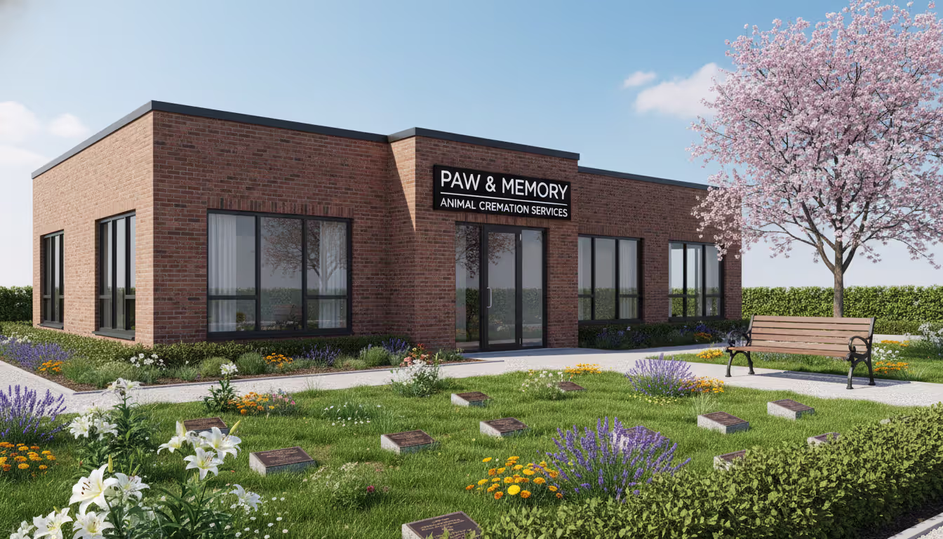 Modern pet crematory building exterior with a small memorial garden, flower beds, and a visitor bench on a clear day