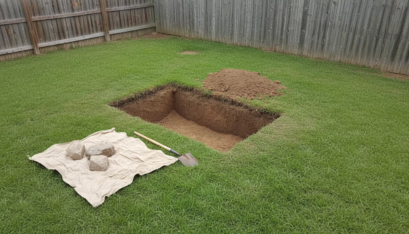 Overhead view of a neatly dug rectangular grave in a backyard, about 4 feet deep, with a shovel, natural cotton fabric, and large rocks nearby, green lawn and wooden fence in the background