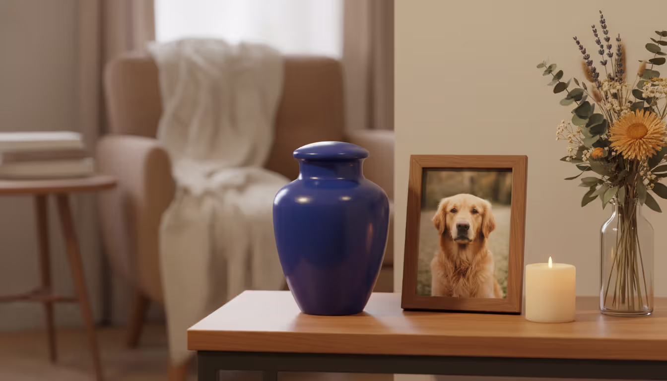 A dark blue ceramic pet urn on a wooden shelf next to a framed photo of a golden retriever, a small candle, and dried flowers in a cozy living room with warm lighting