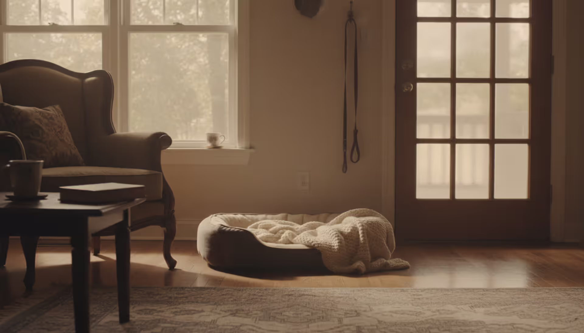 Empty dog bed with a soft blanket in a quiet living room, a leash hanging on a hook by the door, warm nostalgic lighting from a window