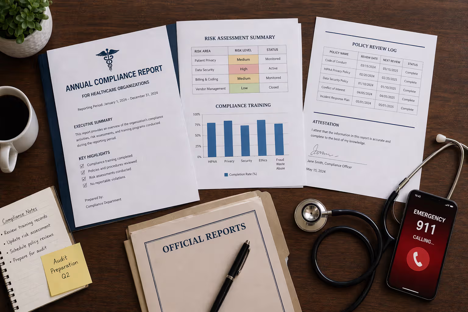 Top view of a desk with official report documents, a pen, stethoscope, and a smartphone showing an emergency number