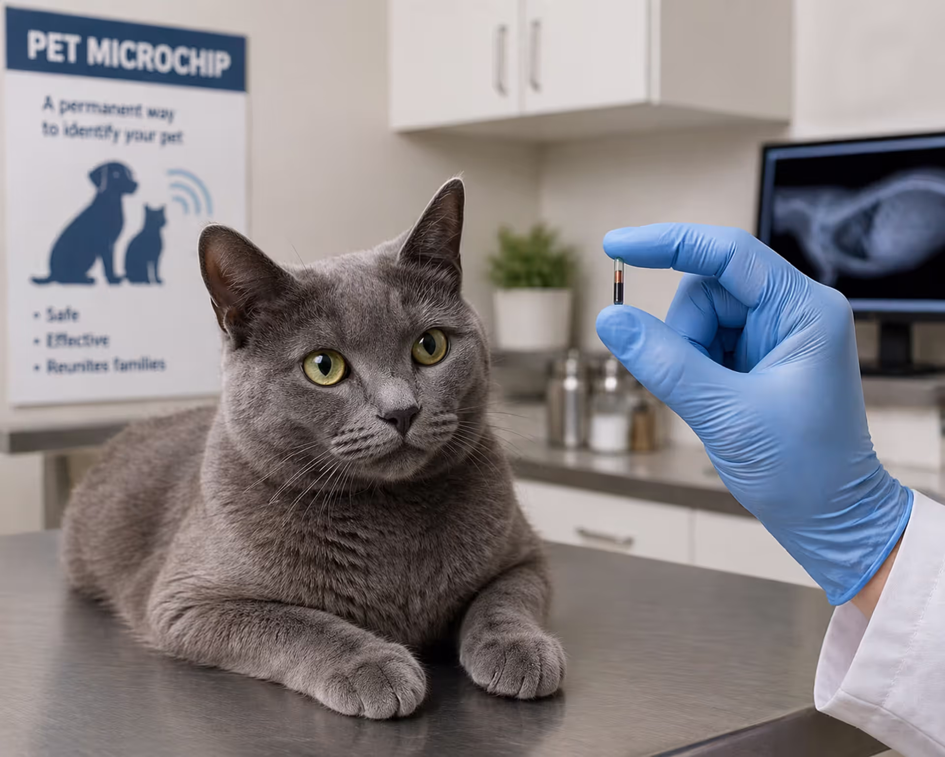 Gray cat lying on a veterinary table next to a tiny pet microchip held by a gloved hand